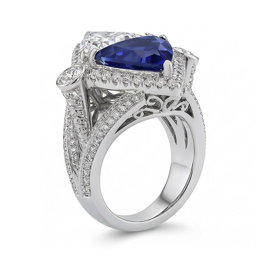 Trilliant Natural Earth Mined Diamond Sapphire Cocktail Ring