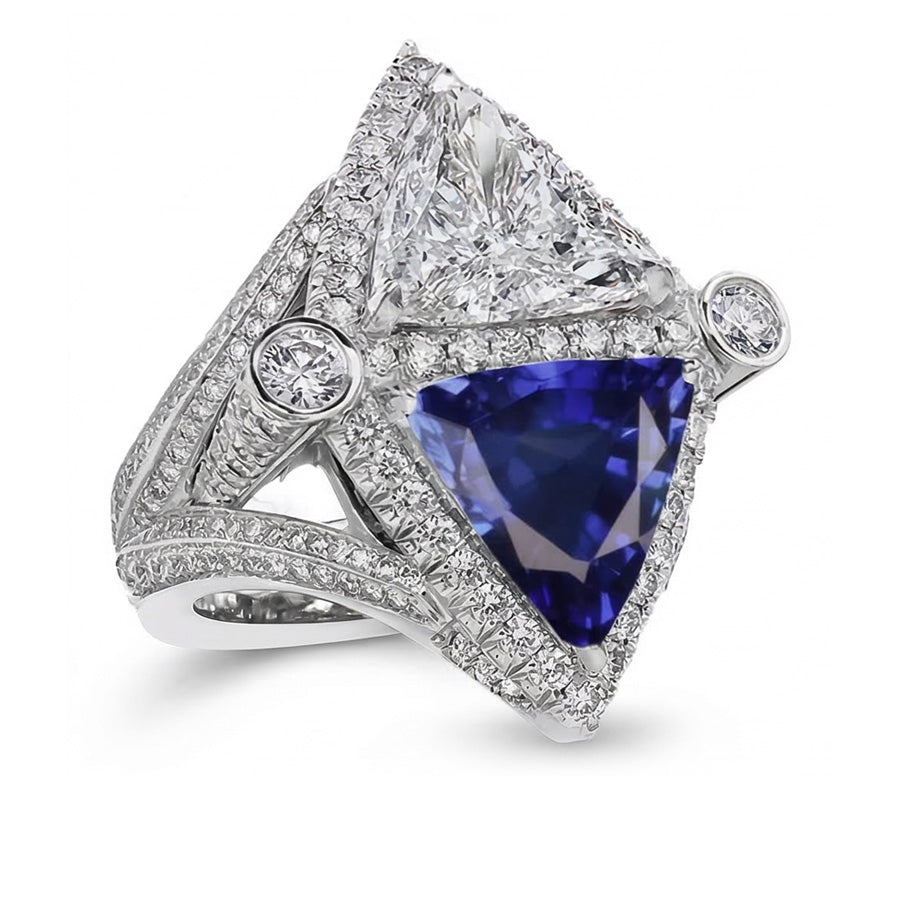 Trilliant Natural Earth Mined Diamond Sapphire Cocktail Ring