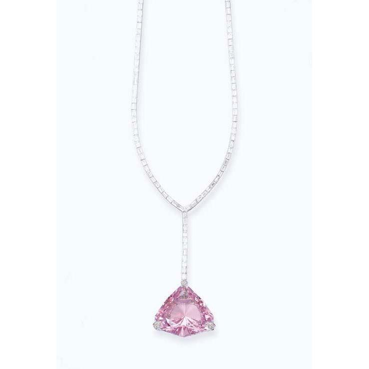 Trillion Cut Kunzite & Baguette Diamond Ladies Necklace Pendant 14 Ct.
