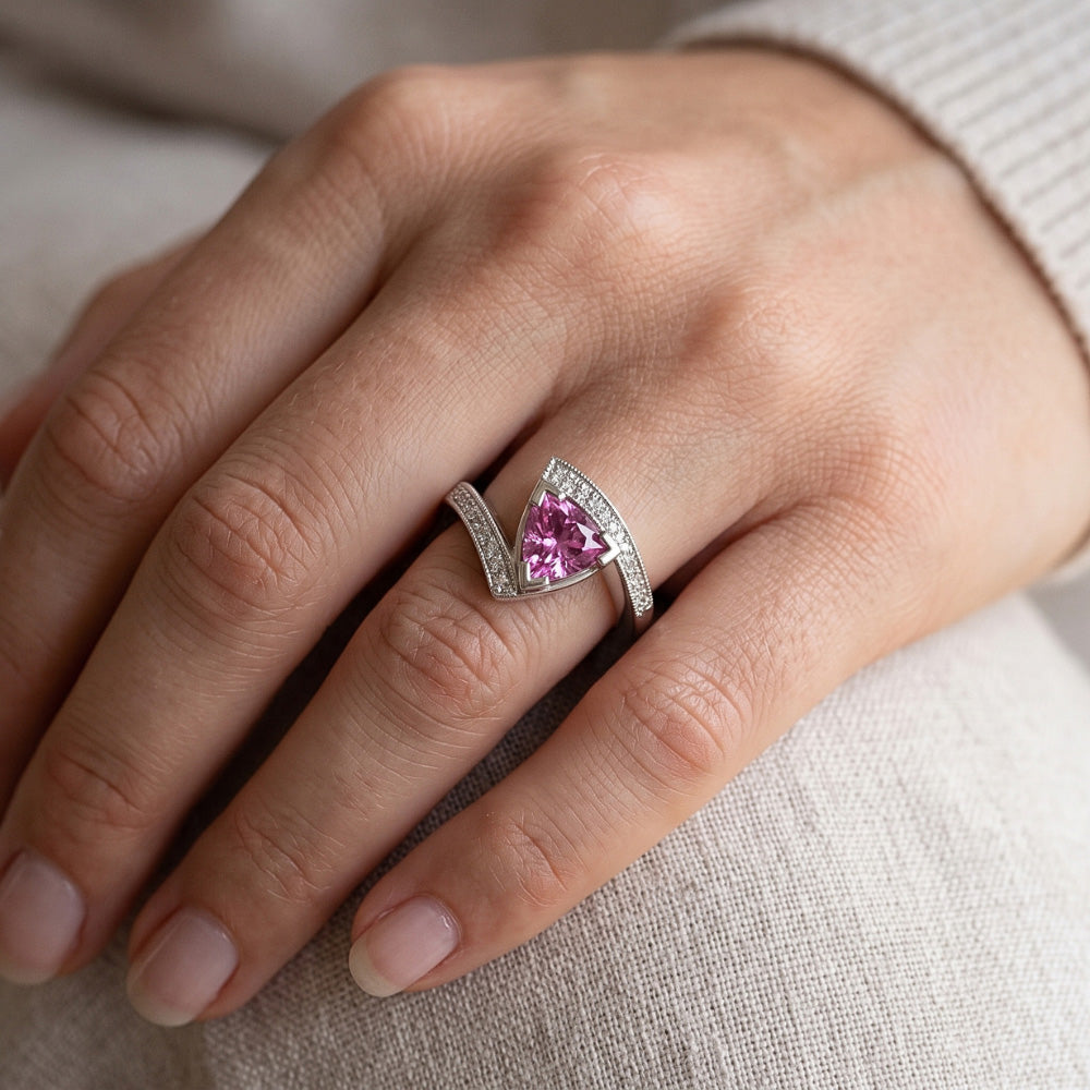 Trillion Cut Pink Sapphire Natural Earth Mined Diamond Ring White Gold Jewellery 1.25 Ct