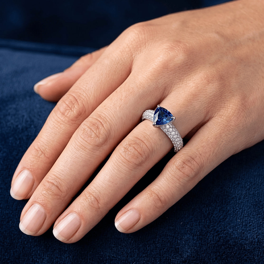 Trillion Gemstone Blue Sapphire Ring Pave Set Natural Earth Mined Diamonds 3 Carats