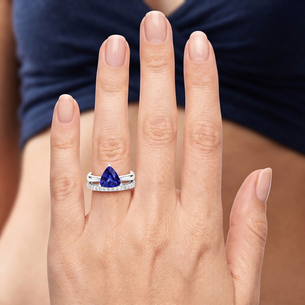 Trillion Gemstone Engagement Ring Set & Round Natural Earth Mined Diamonds 2 Carats