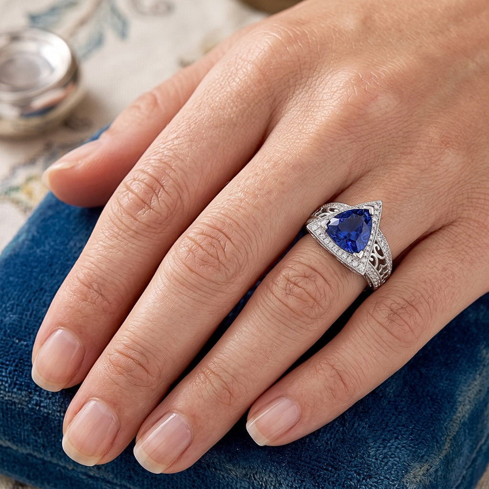 Trillion Gemstone Ring Antique Style Ceylon Sapphire 1.50 Carats Gold