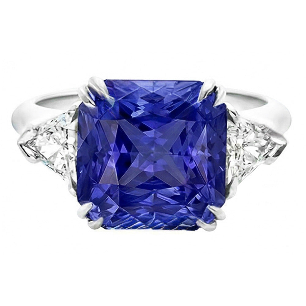 Trillion Natural Earth Mined Diamond 3 Stone Ring 2.50 Carats Double Prong Ceylon Sapphire
