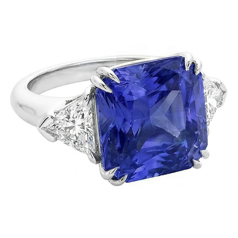 Trillion Natural Earth Mined Diamond 3 Stone Ring 2.50 Carats Double Prong Ceylon Sapphire