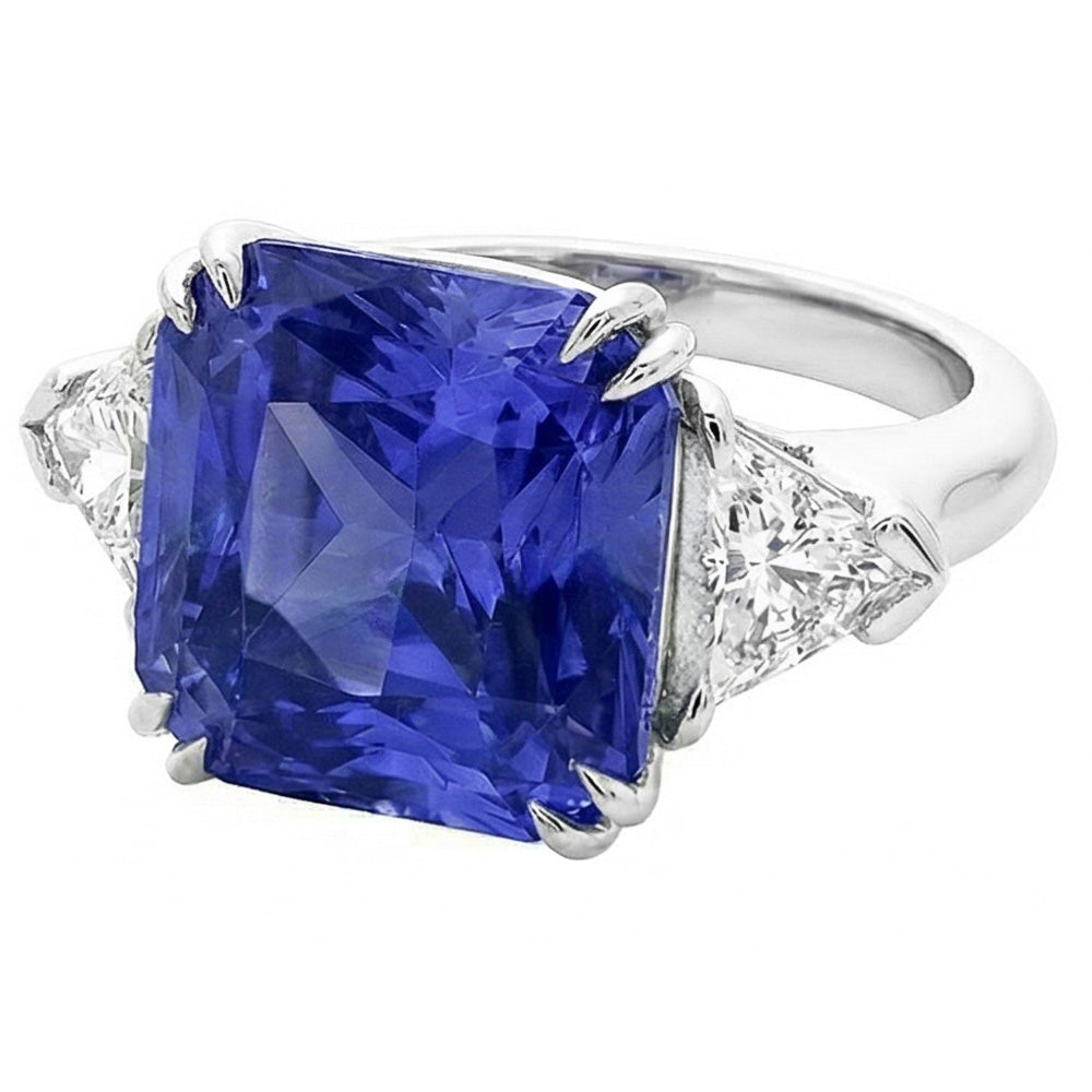 Trillion Natural Earth Mined Diamond 3 Stone Ring 2.50 Carats Double Prong Ceylon Sapphire