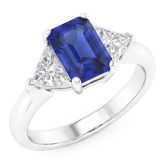 Trillion Natural Earth Mined Diamond Sapphire Ring 2 Carats Ceylon Sapphire 3 Stone Prongs
