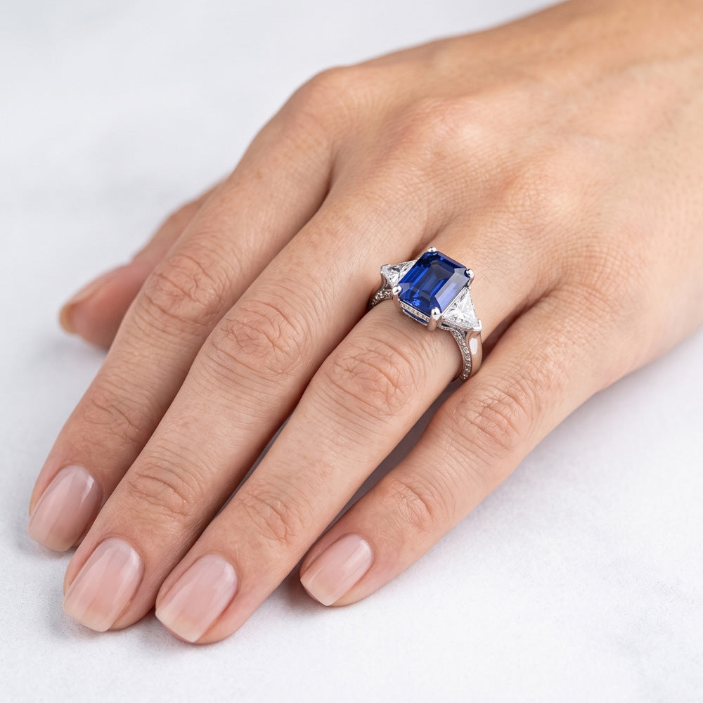 Trillion Natural Earth Mined Diamond Sapphire Ring 2 Carats Ceylon Sapphire 3 Stone Prongs