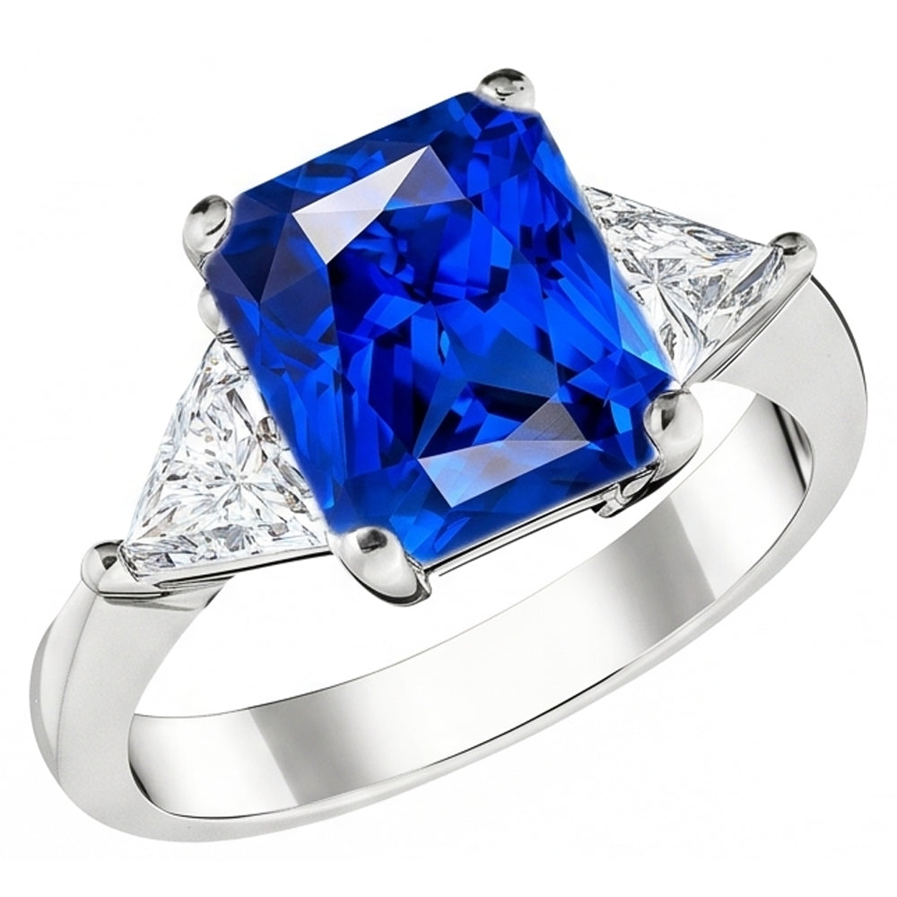 Trillion Natural Earth Mined Diamond & Deep Blue Sapphire Ring Tapered Shank 2.50 Carats