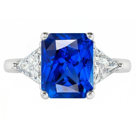 Trillion Natural Earth Mined Diamond & Deep Blue Sapphire Ring Tapered Shank 2.50 Carats