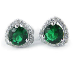 Trillion Shape Stud Halo Earrings 7 Carats Green Emerald With Diamonds