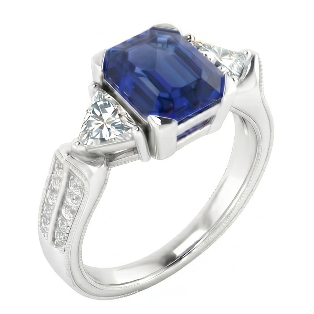 Trillion & Round Natural Earth Mined Diamond Asscher Sapphire Engagement Ring 2.50 Carats