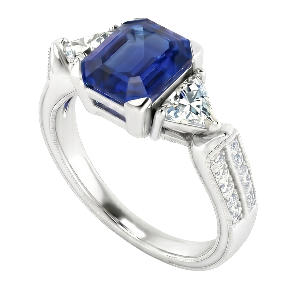 Trillion & Round Natural Earth Mined Diamond Asscher Sapphire Engagement Ring 2.50 Carats