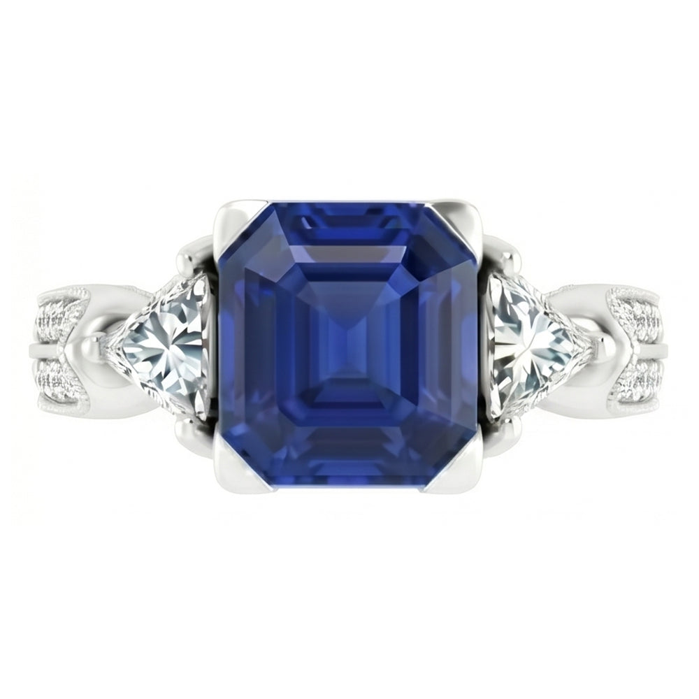 Trillion & Round Natural Earth Mined Diamond Asscher Sapphire Engagement Ring 2.50 Carats