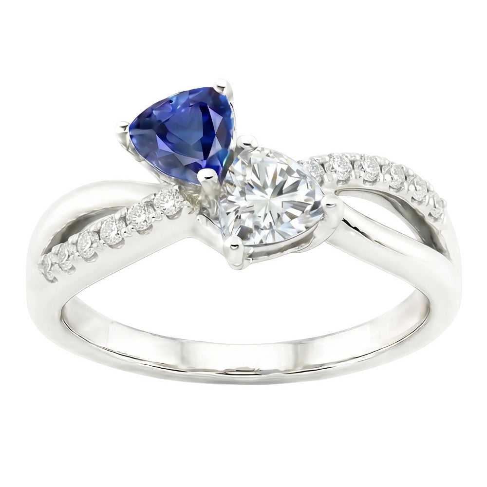 Trillion & Round Natural Earth Mined Diamond Ring Blue Sapphire 2.50 Carats Split Shank