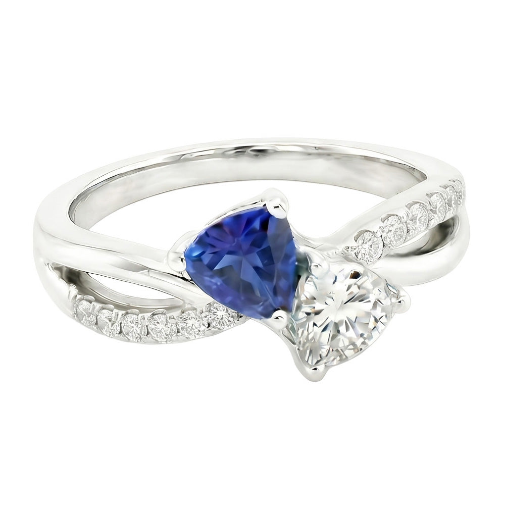 Trillion & Round Natural Earth Mined Diamond Ring Blue Sapphire 2.50 Carats Split Shank