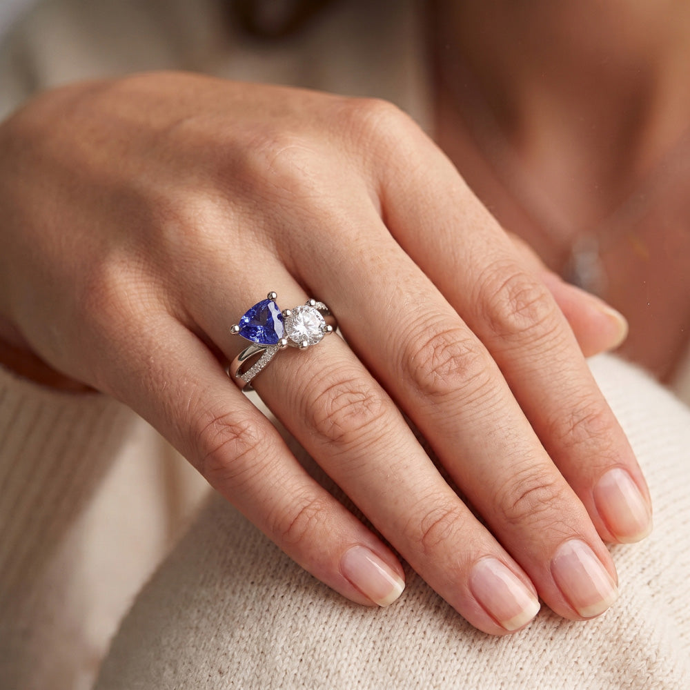Trillion & Round Natural Earth Mined Diamond Ring Blue Sapphire 2.50 Carats Split Shank