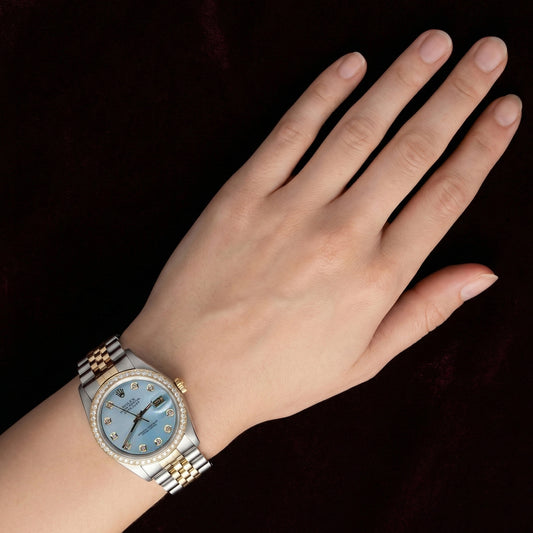 Tt Jubilee Bracelet Date Just Blue Diamond Dial Bezel Rolex Watch QUICK SET