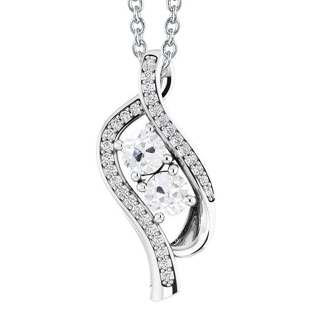 Two Stone Style Round Old Mine Cut Natural Diamond Pendant 3.50 Carats