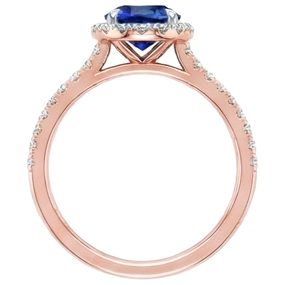Two Tone Blue Sapphire Halo Natural Earth Mined Diamond Ring Prong Set