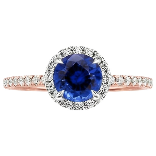 Two Tone Blue Sapphire Halo Natural Earth Mined Diamond Ring Prong Set