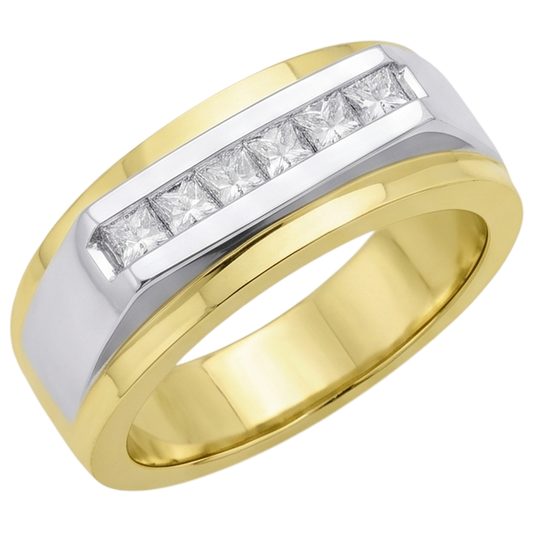Two Tone Gold 14K Men Ring Band Princess Real Natural Earth Mined DIAMOND ( NOT LAB GROWN ) 0.72 Carats