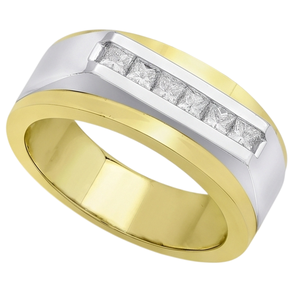 Two Tone Gold 14K Men Ring Band Princess Real Natural Earth Mined DIAMOND ( NOT LAB GROWN ) 0.72 Carats