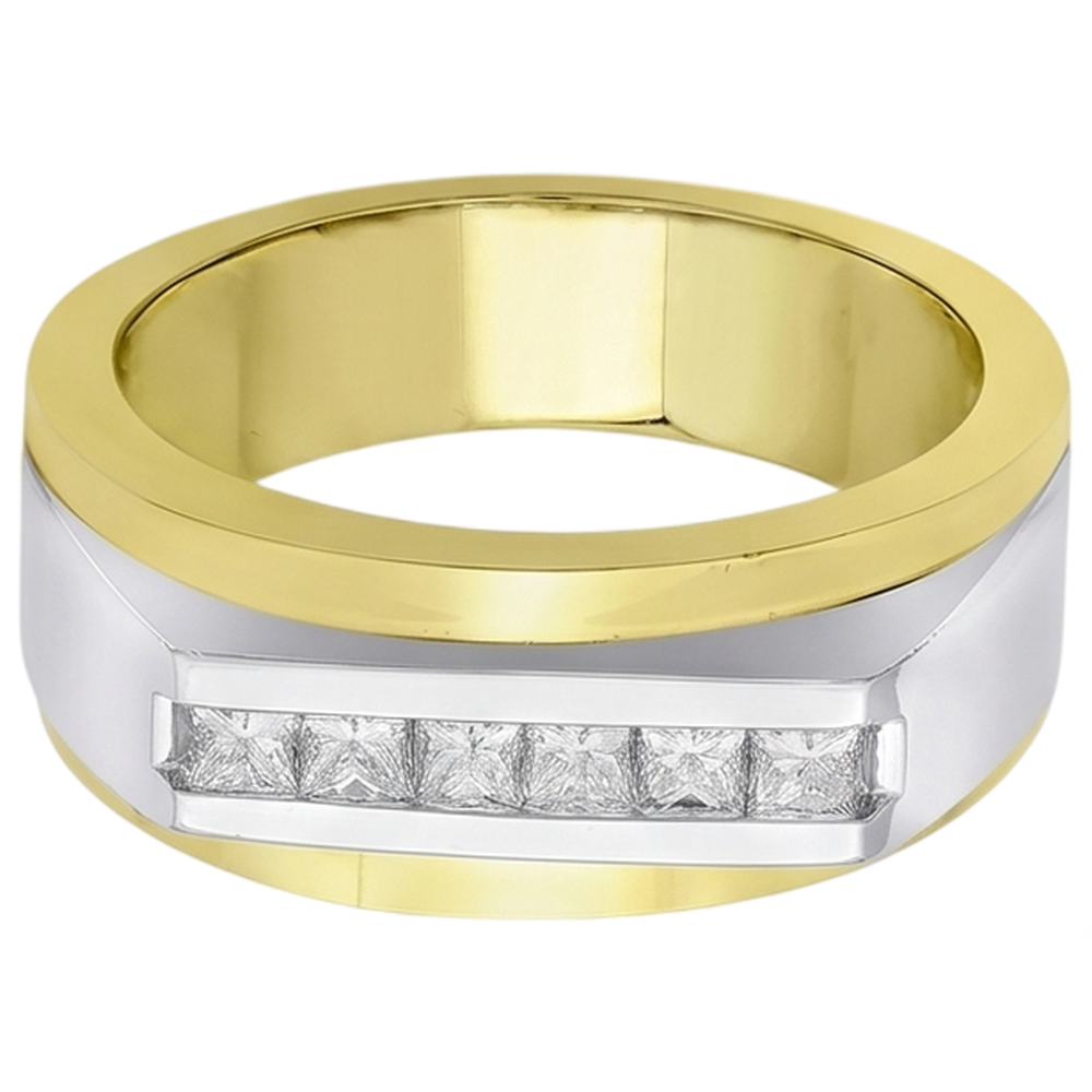 Two Tone Gold 14K Men Ring Band Princess Real Natural Earth Mined DIAMOND ( NOT LAB GROWN ) 0.72 Carats