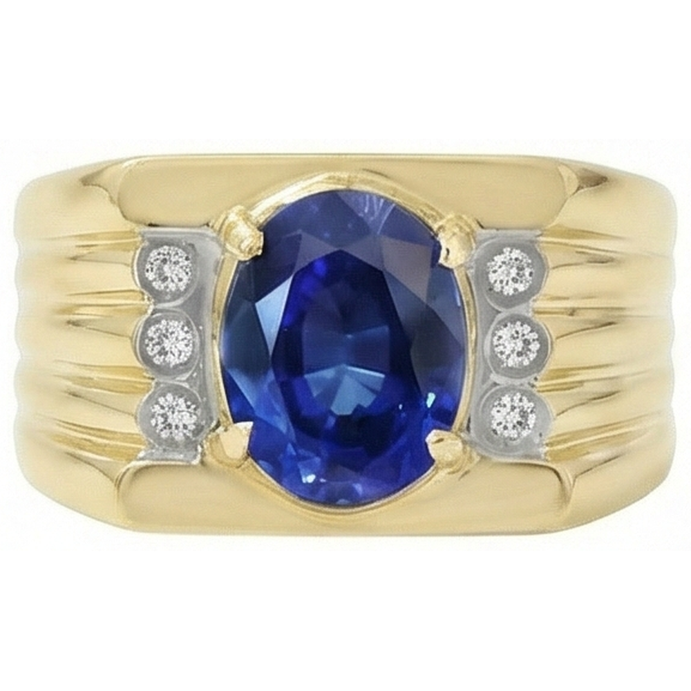 Two Tone Gold 14K Oval Sapphire & Round Natural Earth Mined DIAMOND ( NOT LAB GROWN ) Ring 2.31 Ct.