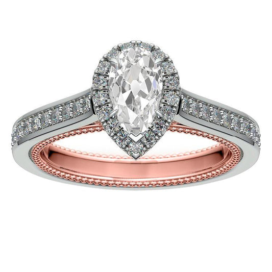 Two Tone Gold Halo Round & Pear Old Mine Cut Genuine Diamond Ring 3.90 Carats