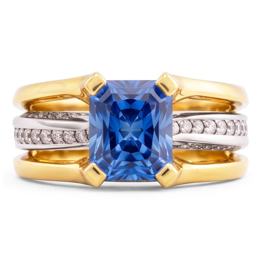 Two Tone Gold Natural Earth Mined Diamond Ring Radiant Ceylon Sapphire 3 Carat Split Shank