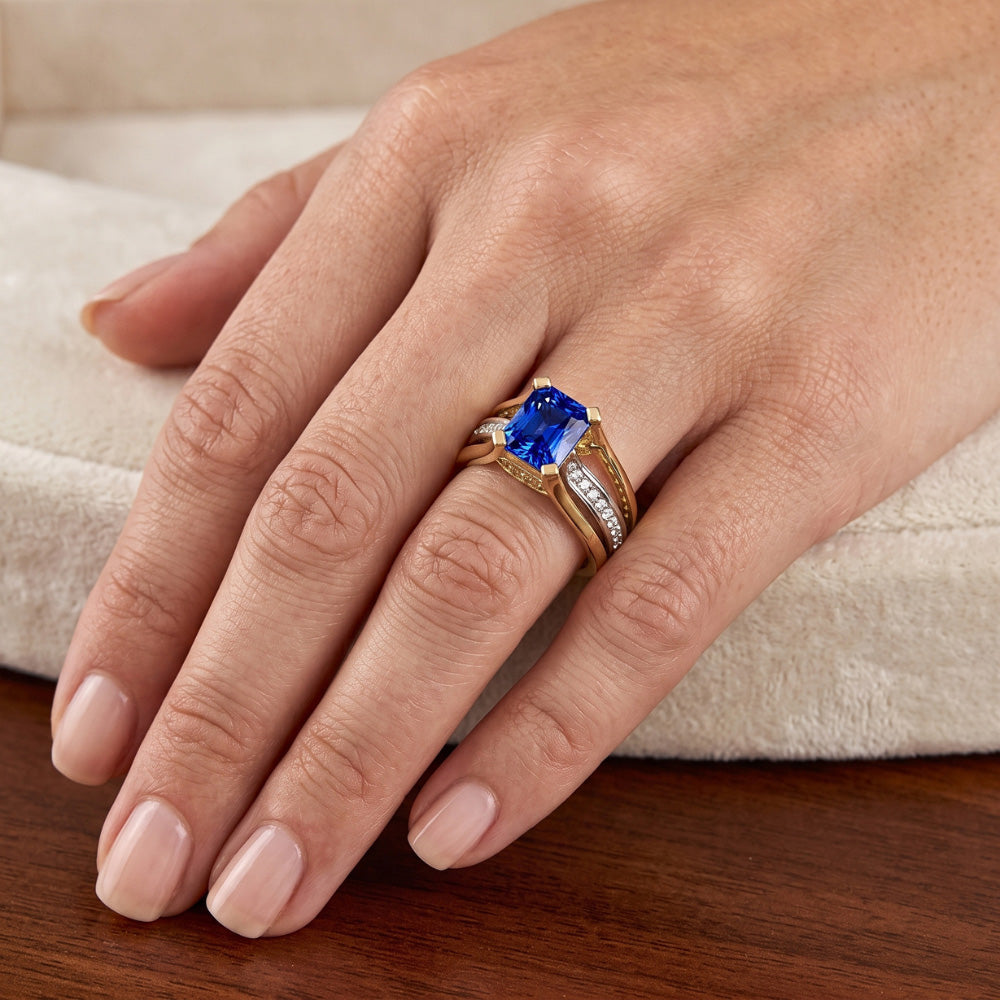 Two Tone Gold Natural Earth Mined Diamond Ring Radiant Ceylon Sapphire 3 Carat Split Shank