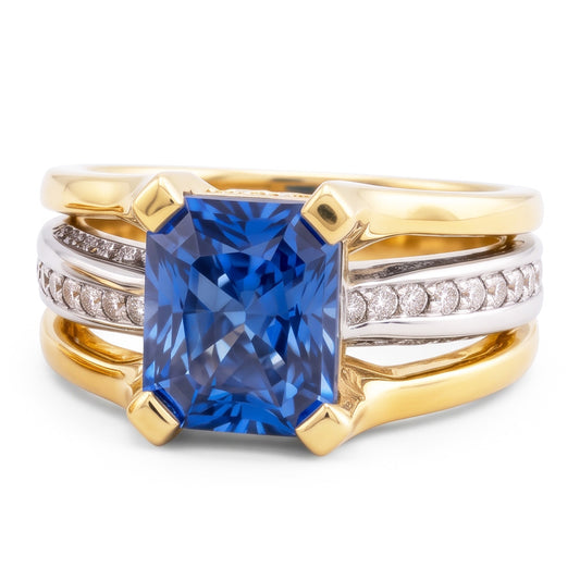 Two Tone Gold Natural Earth Mined Diamond Ring Radiant Ceylon Sapphire 3 Carat Split Shank