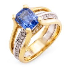 Two Tone Gold Natural Earth Mined Diamond Ring Radiant Ceylon Sapphire 3 Carat Split Shank