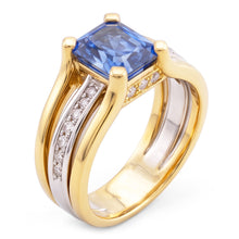 Two Tone Gold Natural Earth Mined Diamond Ring Radiant Ceylon Sapphire 3 Carat Split Shank