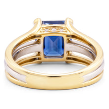 Two Tone Gold Natural Earth Mined Diamond Ring Radiant Ceylon Sapphire 3 Carat Split Shank
