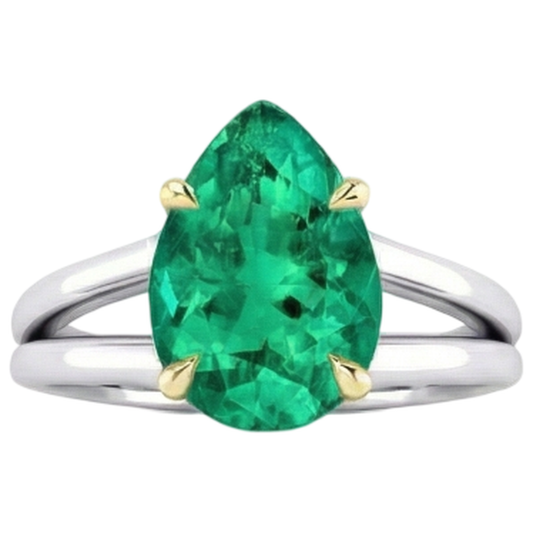 Precious Stone Ring 14K Two Tone Gold with Fine Emerald – front view