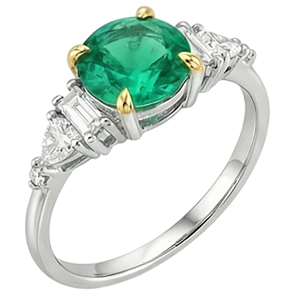 Fine Emerald Round Brilliant Gemstone Ring in Two-Tone 14K Gold – side view