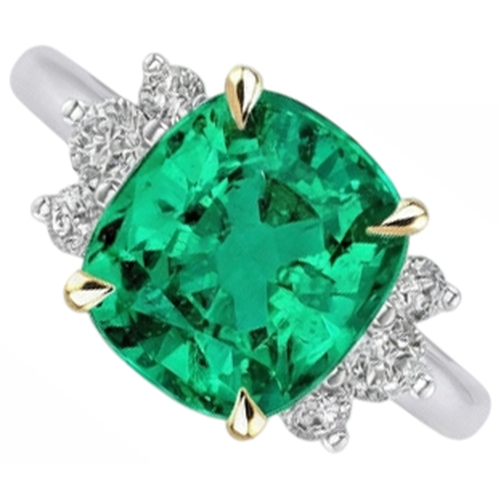 Real Emerald Gemstone Ring 4 ct 14 Karat Two Tone Gold – front view