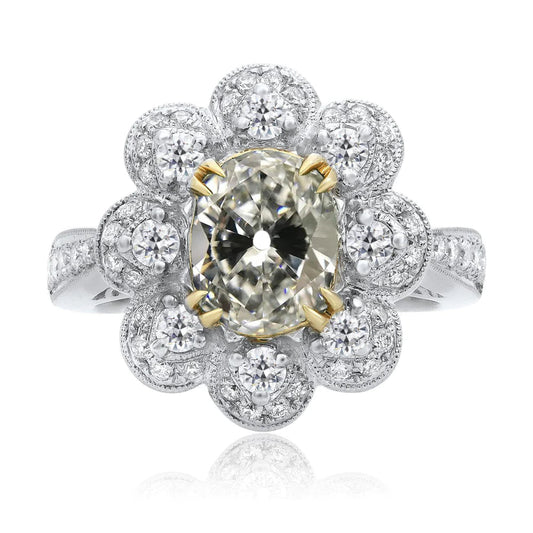 Two Tone Halo Oval Old Cut Natural Diamond Ring Flower Style 10 Carats