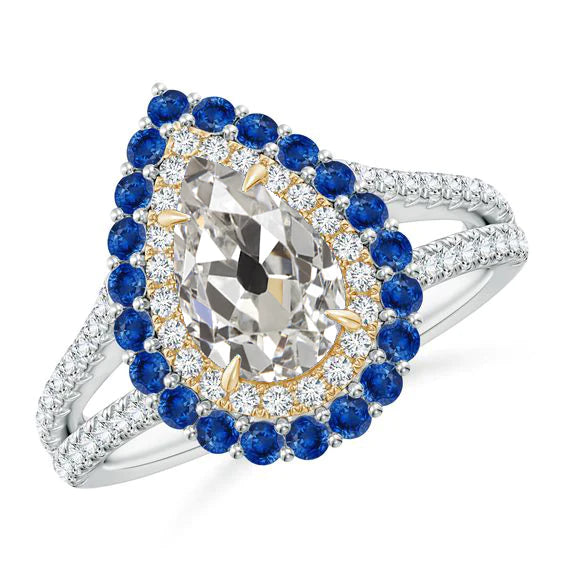Two Tone Halo Real Diamond Ring Pear Old Cut With Blue Sapphires 5 Carats
