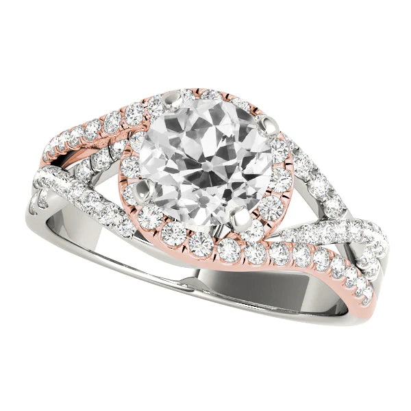 Two Tone Halo Ring Old Cut Real Round Diamond Split Shank 5 Carats