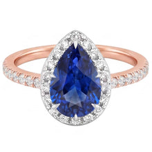 Two Tone Halo Ring Pear Blue Sapphire & Natural Earth Mined Diamonds 4 Carats Jewellery