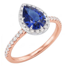Two Tone Halo Ring Pear Blue Sapphire & Natural Earth Mined Diamonds 4 Carats Jewellery