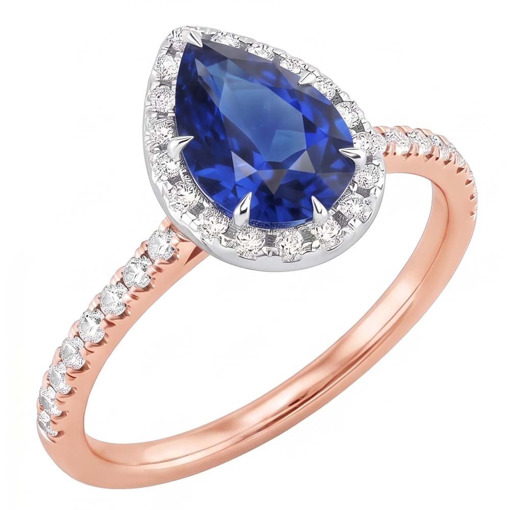 Two Tone Halo Ring Pear Blue Sapphire & Natural Earth Mined Diamonds 4 Carats Jewellery