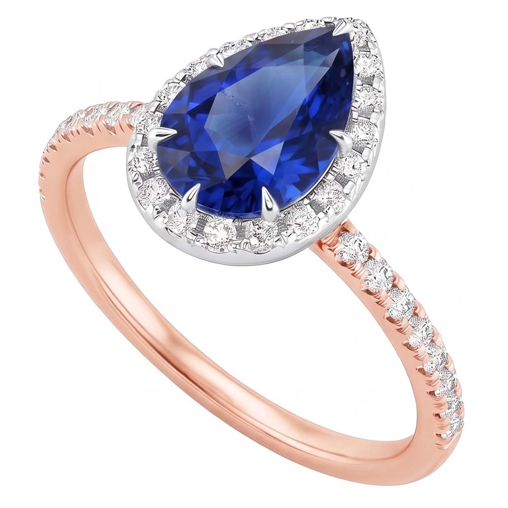 Two Tone Halo Ring Pear Blue Sapphire & Natural Earth Mined Diamonds 4 Carats Jewellery