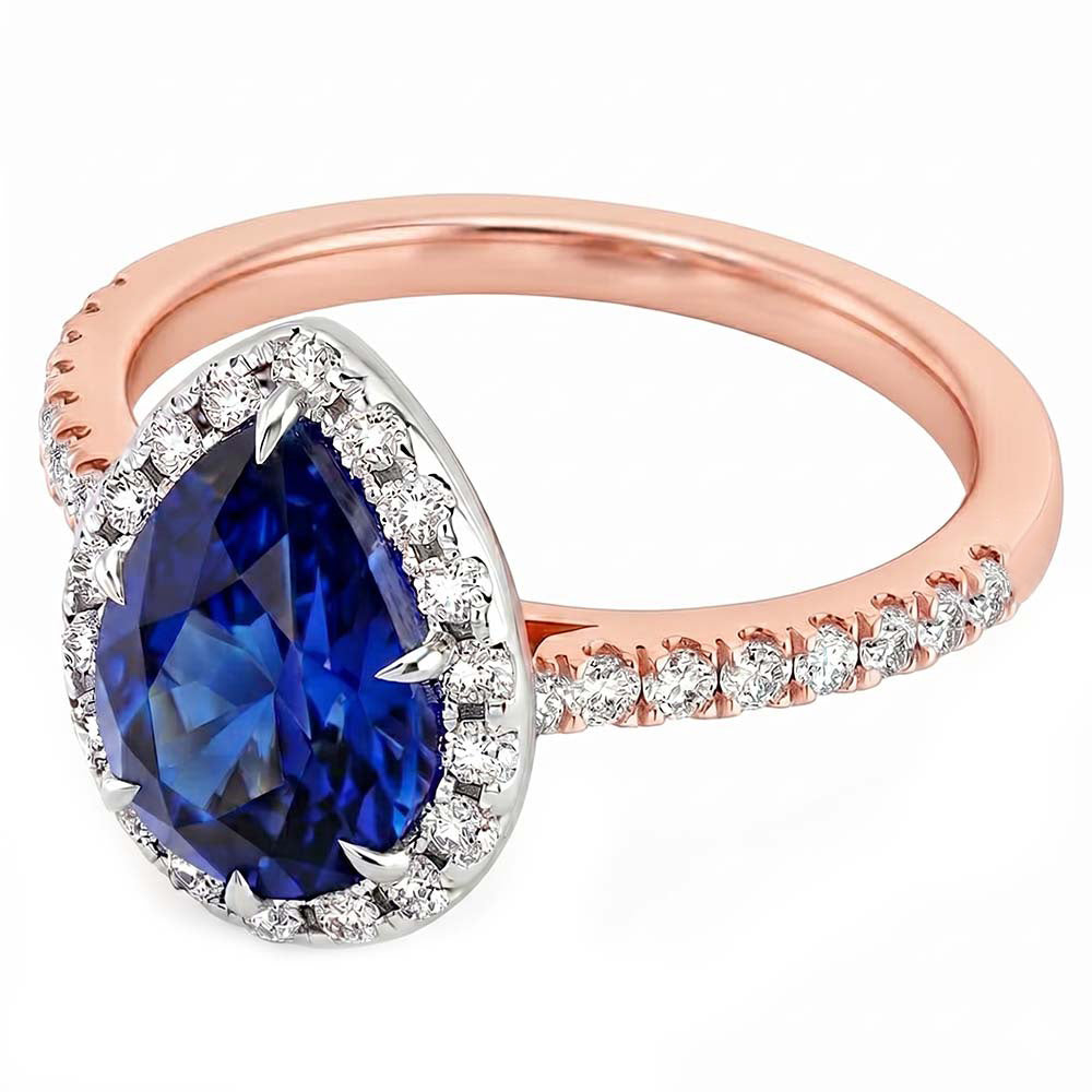 Two Tone Halo Ring Pear Blue Sapphire & Natural Earth Mined Diamonds 4 Carats Jewellery