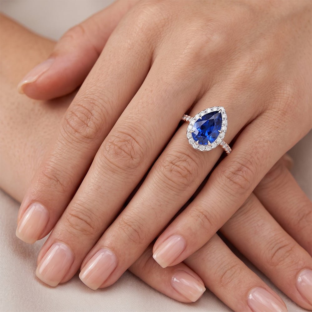 Two Tone Halo Ring Pear Blue Sapphire & Natural Earth Mined Diamonds 4 Carats Jewellery