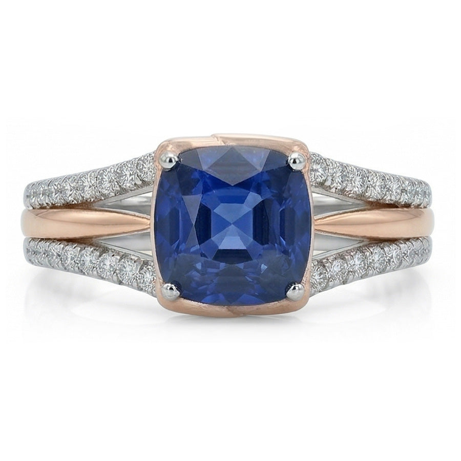 Two Tone Natural Earth Mined Diamond Engagement Ring With Cushion Blue Sapphire 2.50 Carat