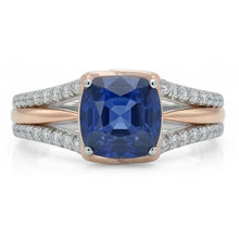 Two Tone Natural Earth Mined Diamond Engagement Ring With Cushion Blue Sapphire 2.50 Carat